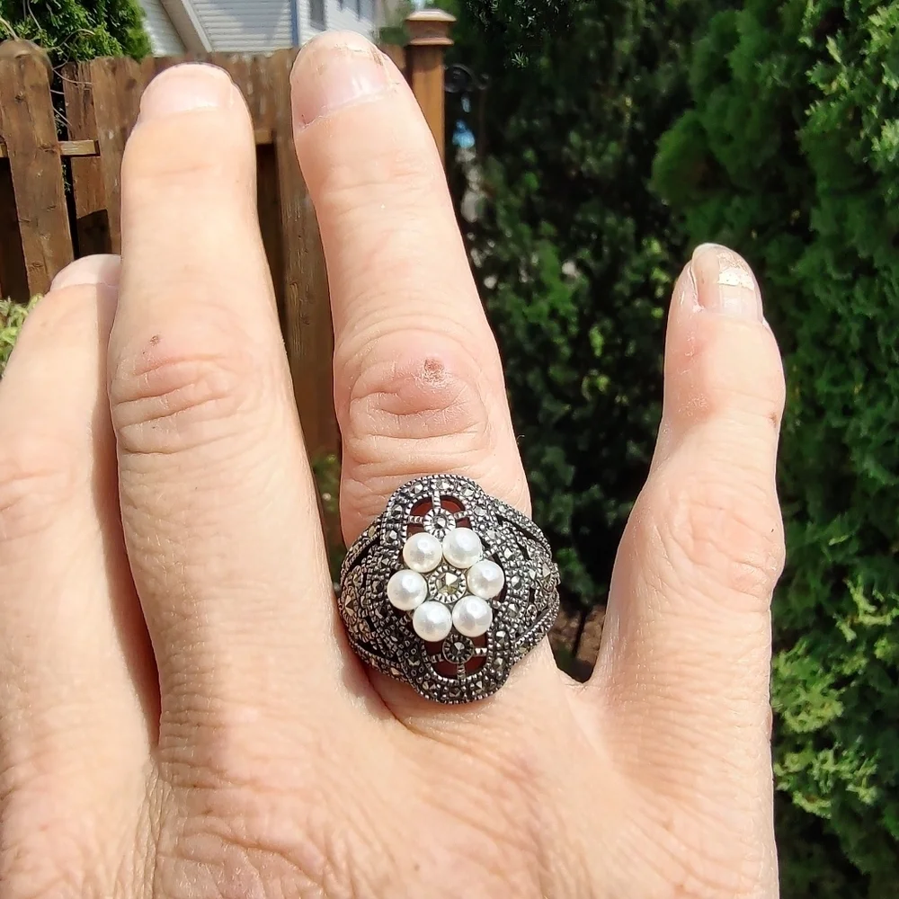 Judith Jack Ring Sterling Silver Marcasite Faux Pearls Size 7!